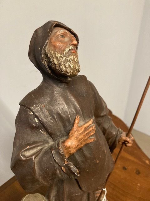 Ancient Statue Sculpture Of St Francesco Da Paola From The 18th Century Antique Polychrome Terracotta photo for sale