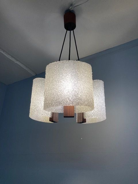 Antique Design Chandelier With Three Lights From The 70s, Swedish Style In Teak. Modern Design. Restored And Overhauled !! photo vinterior