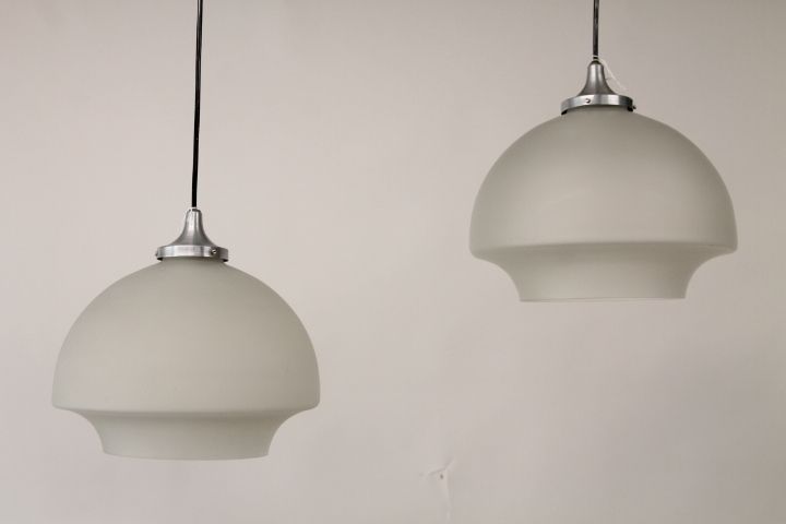 Pair Of Lamps From The 70s. Modern Design Steel And Glass Restored! Vintage photo vinterior