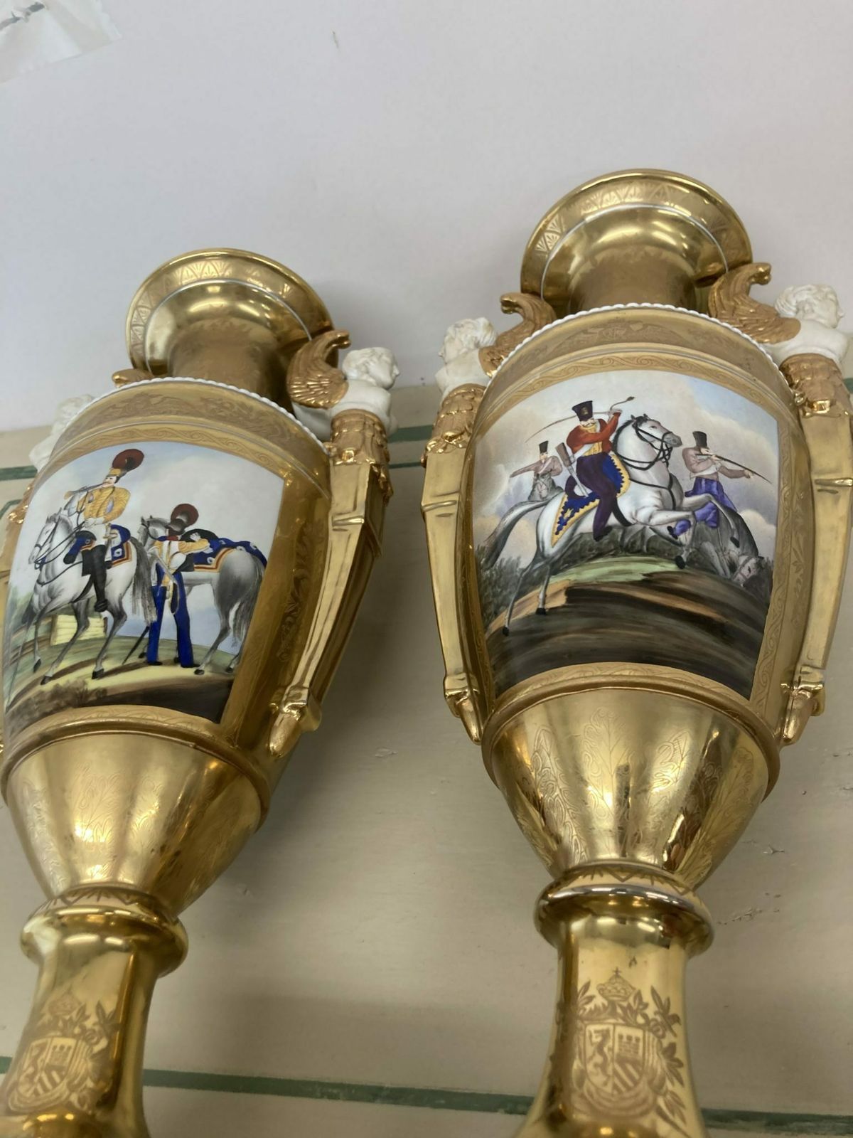 Pair Of French Sevres Empire Vases From The Early 1900s, Pure Gold Porcelain And Branded Biscuits photo 1159.6