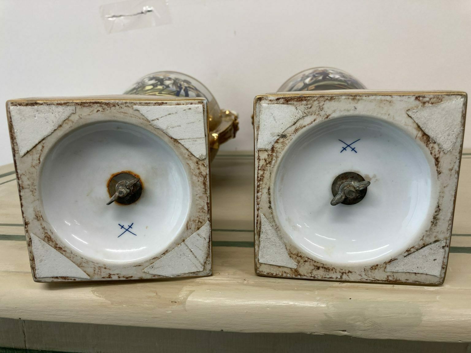 Pair Of French Sevres Empire Vases From The Early 1900s, Pure Gold Porcelain And Branded Biscuits photo vinterior