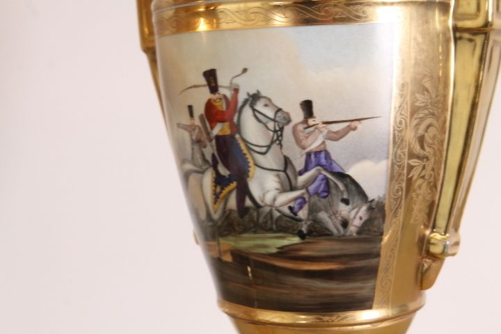 photo vintage Pair Of French Sevres Empire Vases From The Early 1900s, Pure Gold Porcelain And Branded Biscuits