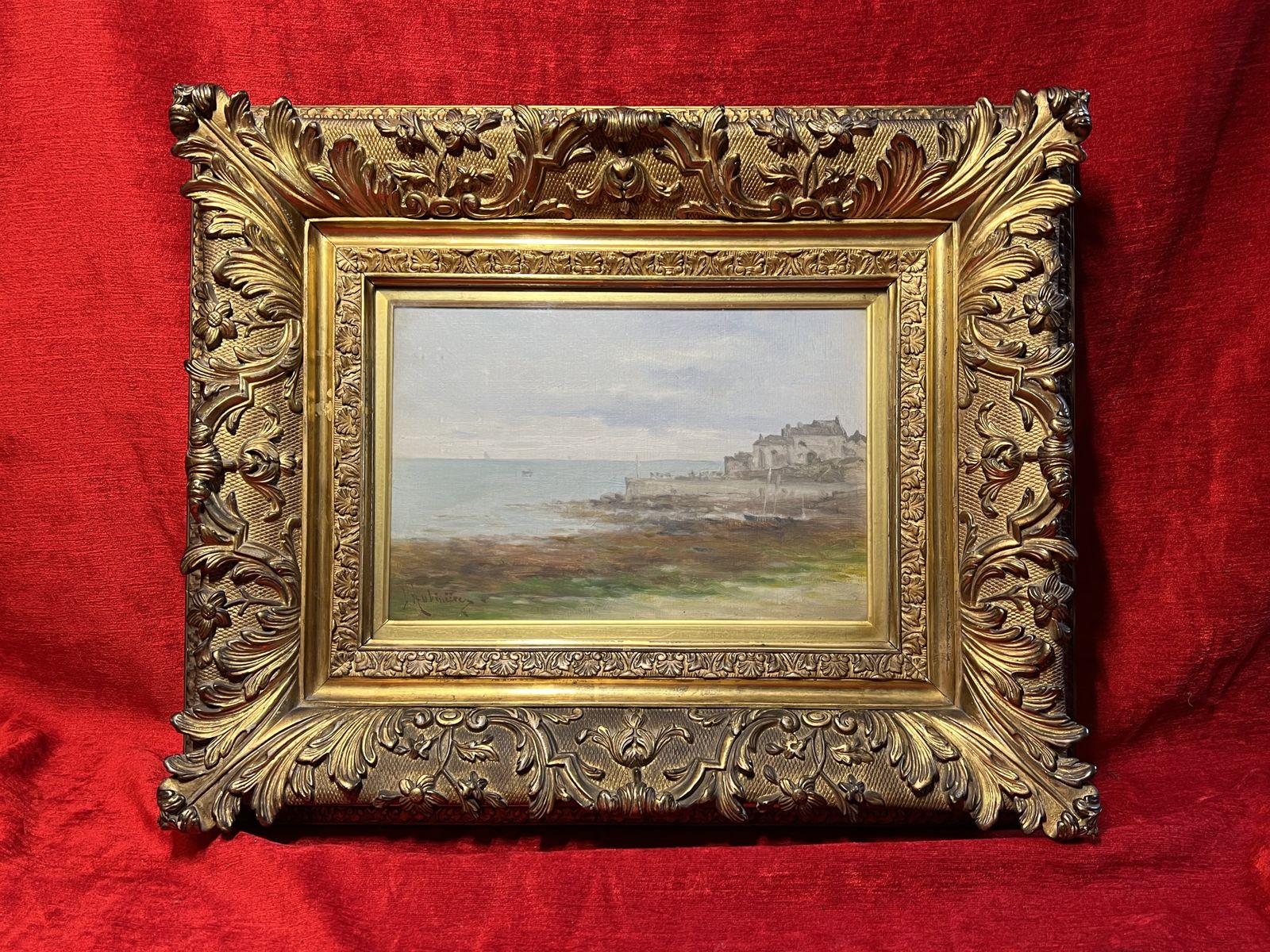 19th Century French School Impressionist Coastal Scene Signed In Ornate Gilt Wood Frame photo furniture