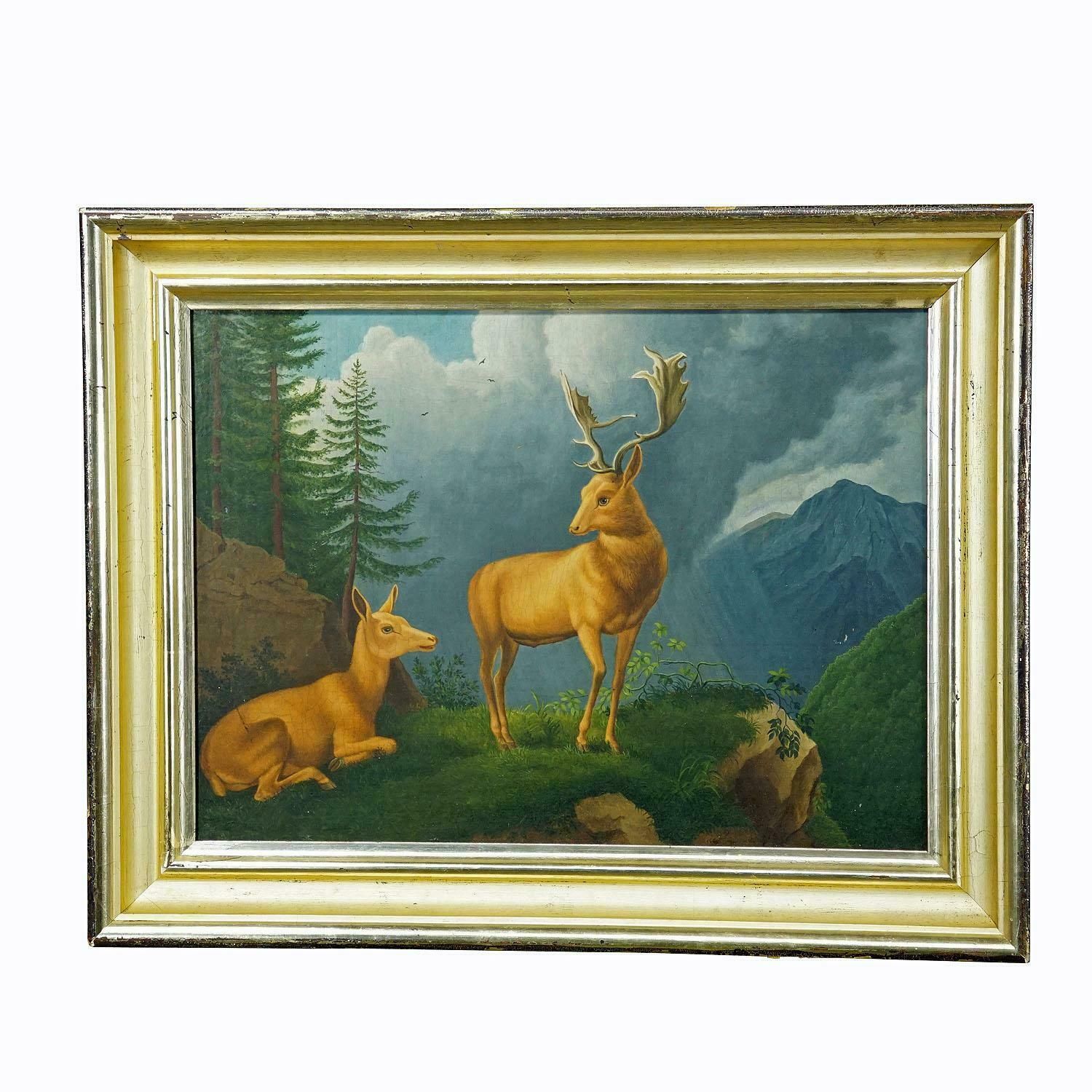 Painting Fallow Deer With Doe In The Alps Oil On Canvas 19th Century photo furniture
