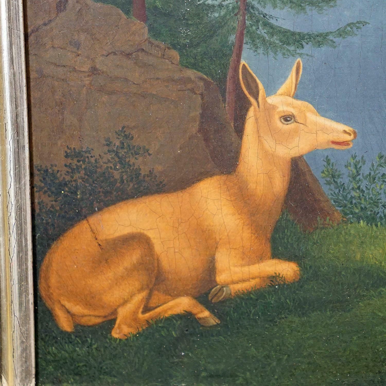 Painting Fallow Deer With Doe In The Alps Oil On Canvas 19th Century photo vinterior