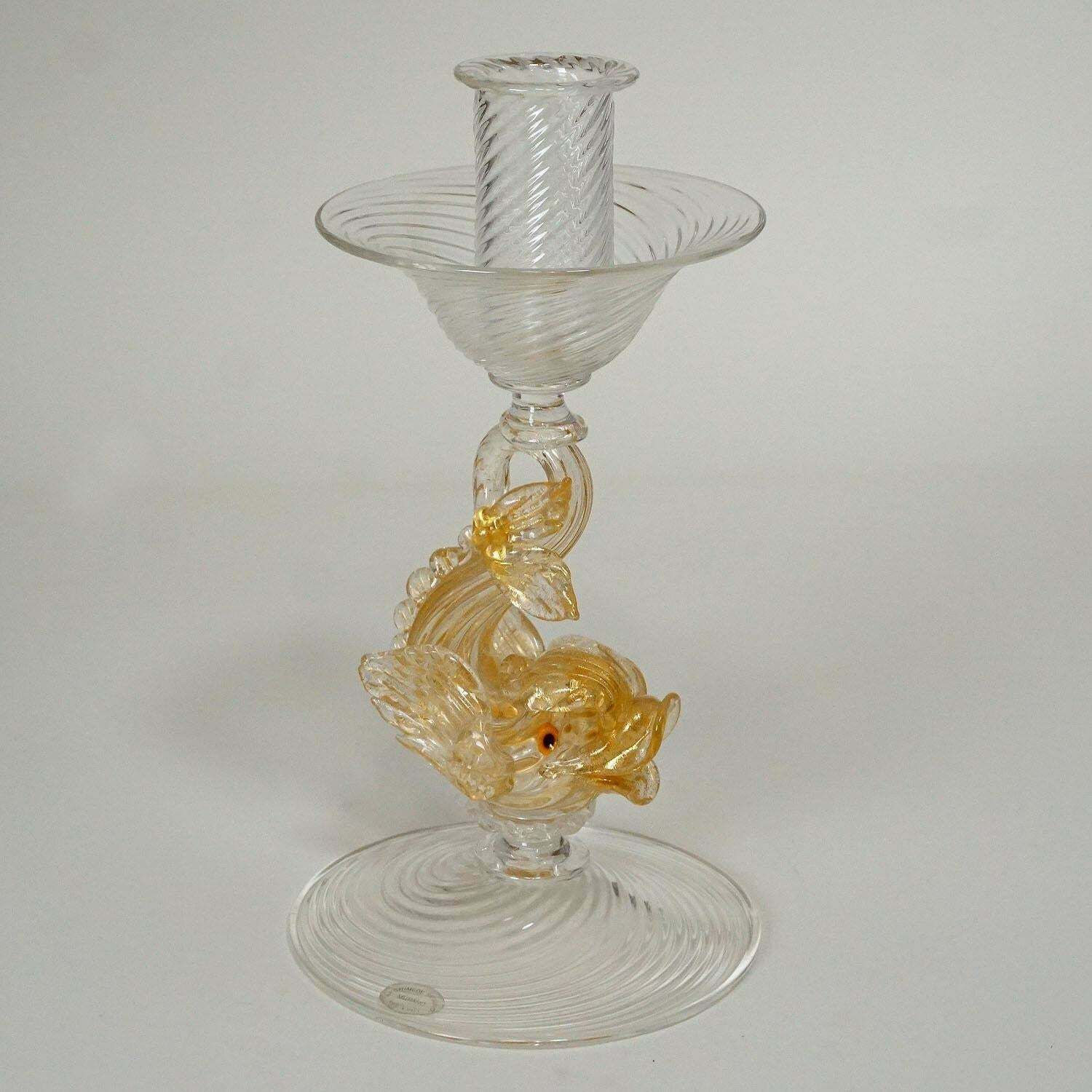 Archimede Seguso Glass Candle Stick With Dolphin Circa 1960s photo vinterior