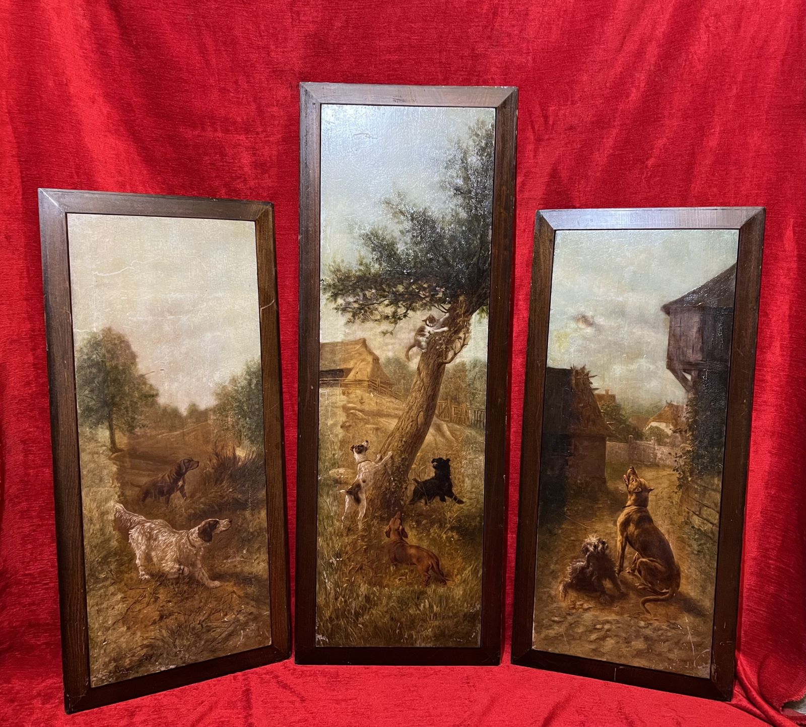 Trio Of Hunting Dogs In Landscapes Painted Upon Wood Panels After Heinrich Sperling photo furniture