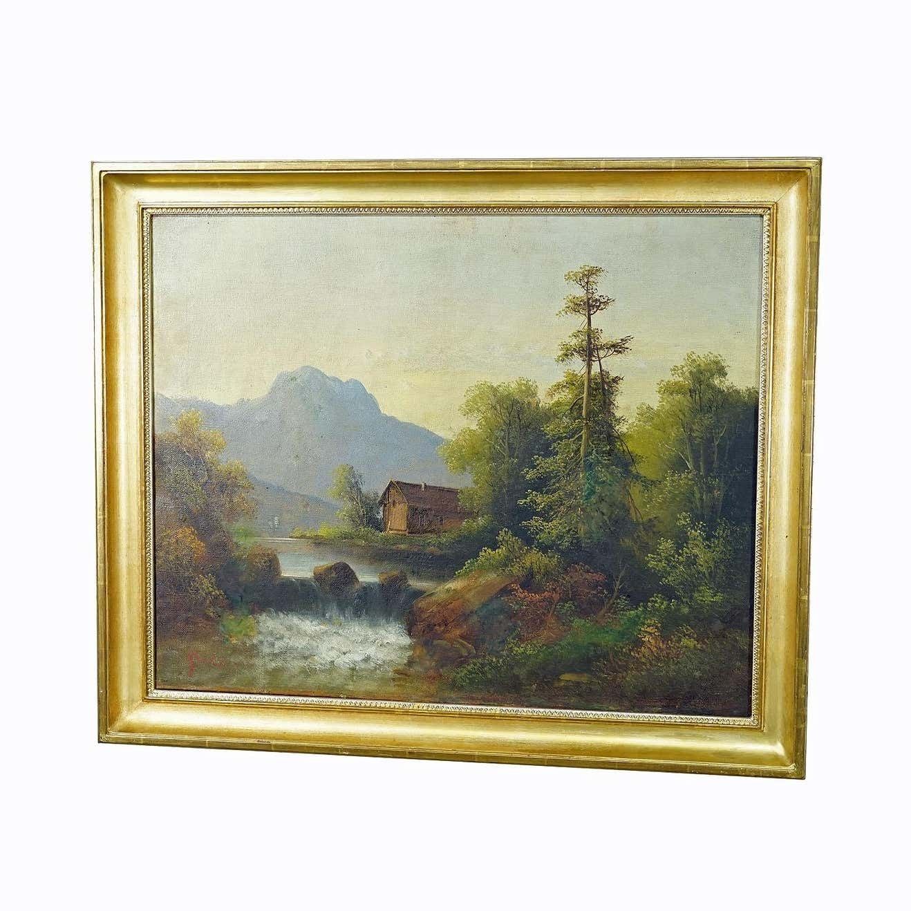 Summerly Mountain Landscape With Water Fall And Mountain Hut 19th Century photo furniture