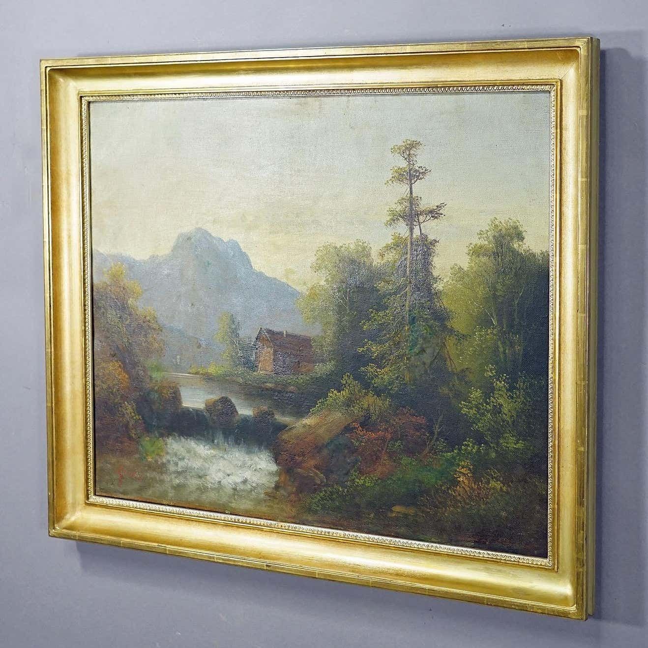 Summerly Mountain Landscape With Water Fall And Mountain Hut 19th Century photo for sale