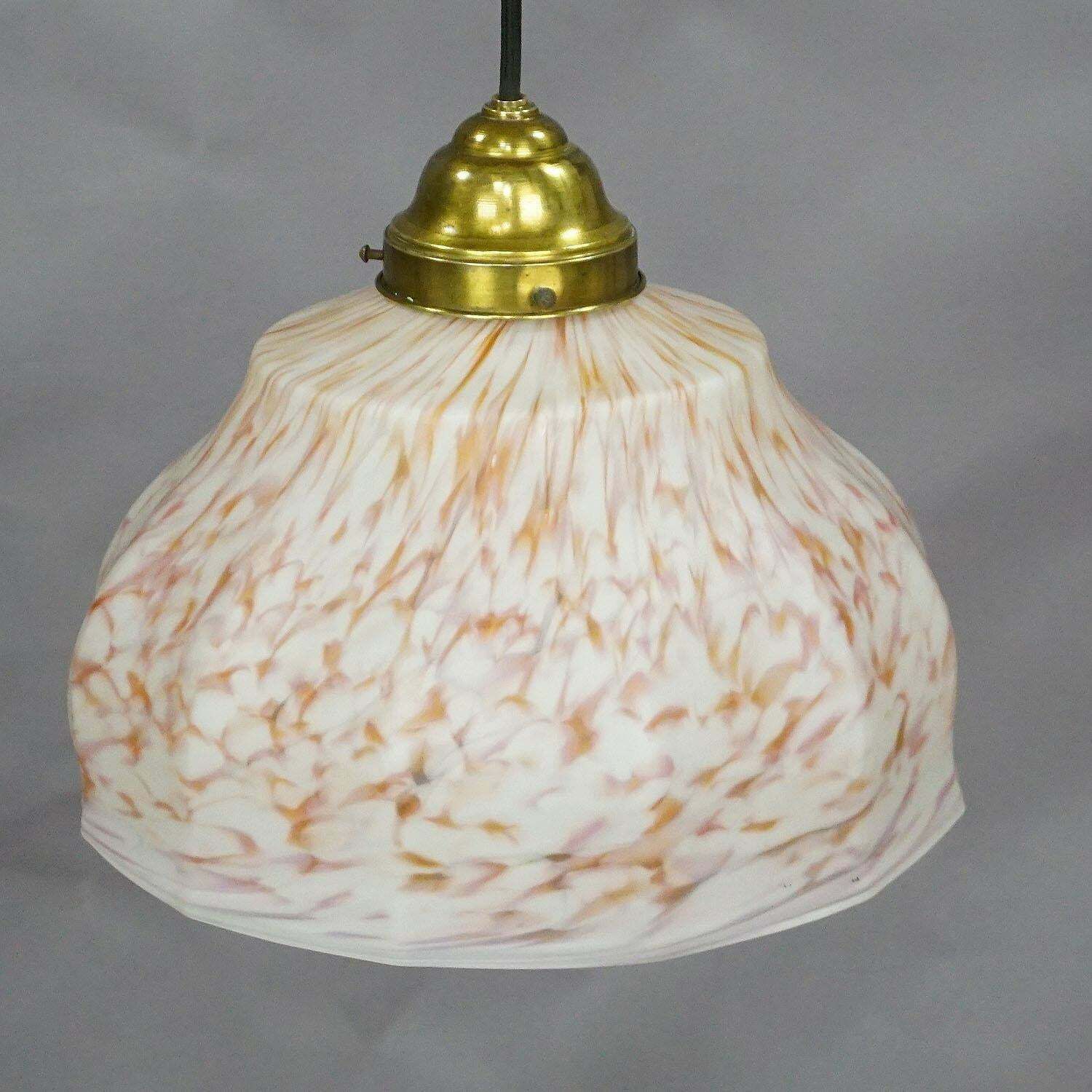 Vintage Pendant Light With White And Antique Pink Glass Shade, Circa 1950 photo for sale