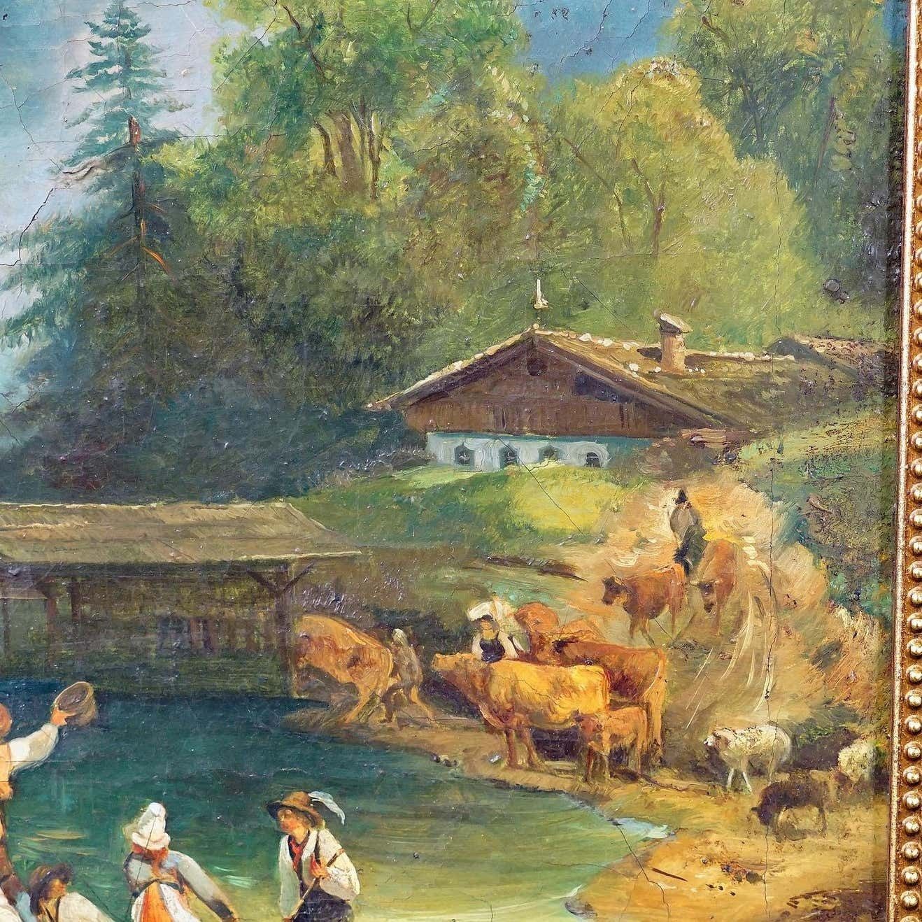 Painting Cattle Carriage On An Alpine Lake, Oil On Canvas 19th Century photo vinterior