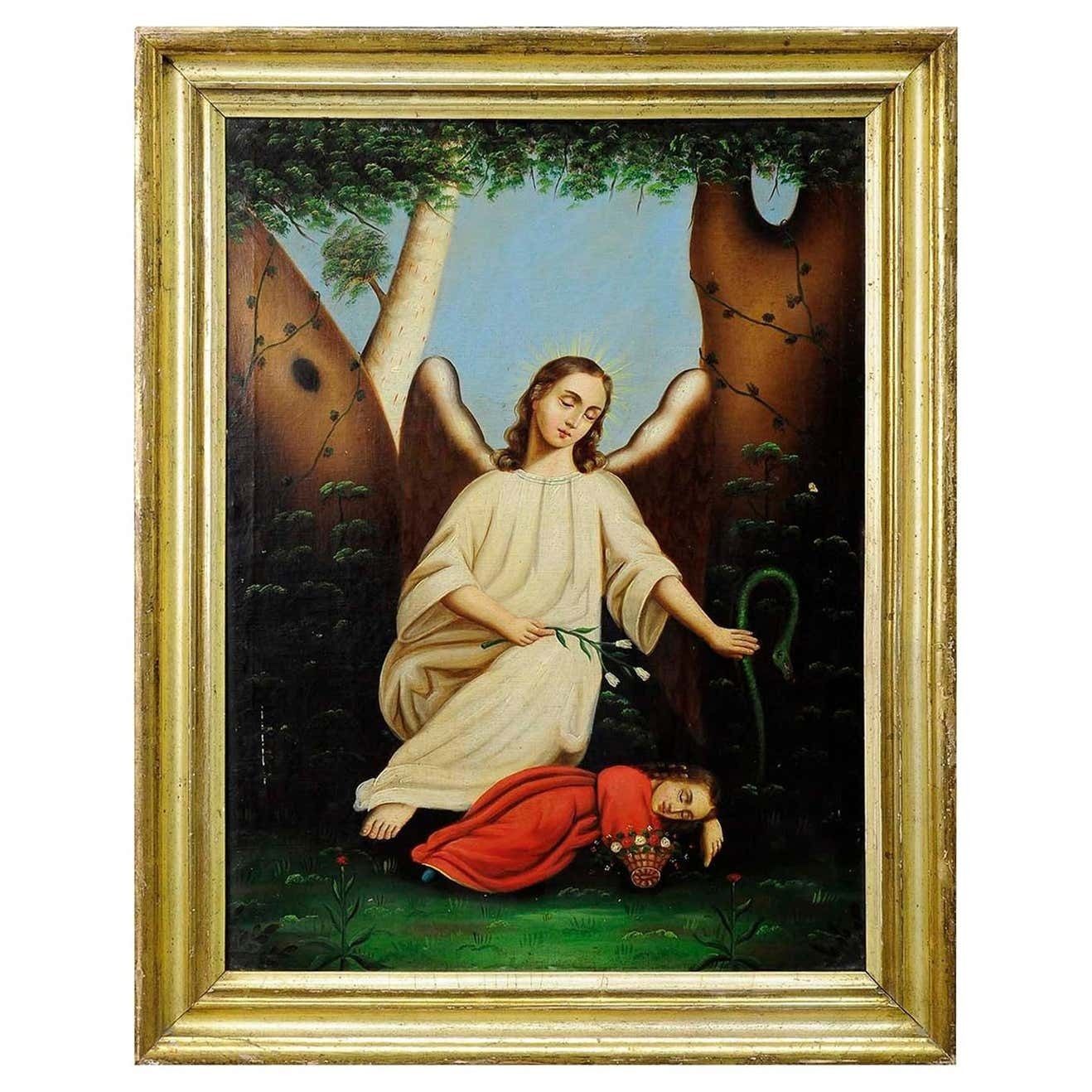 Unknown, Oil On Canvas Painting Angel With Sleeping Child