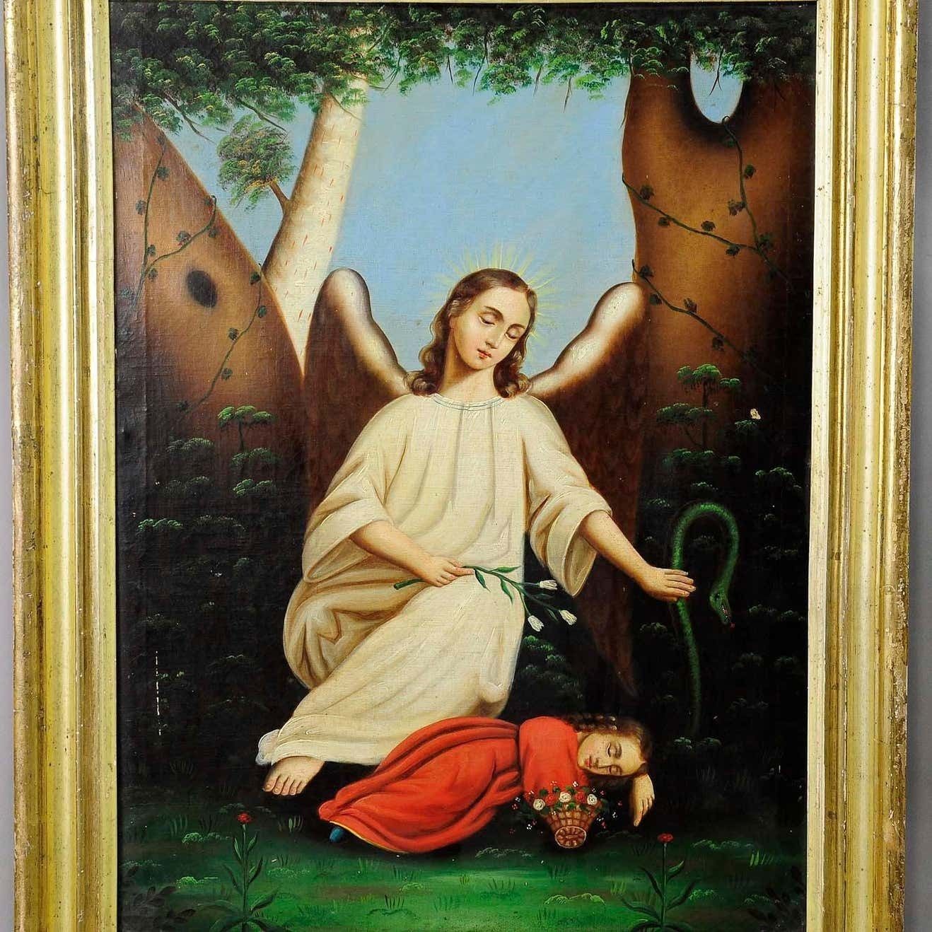 Unknown, Oil On Canvas Painting Angel With Sleeping Child photo furniture