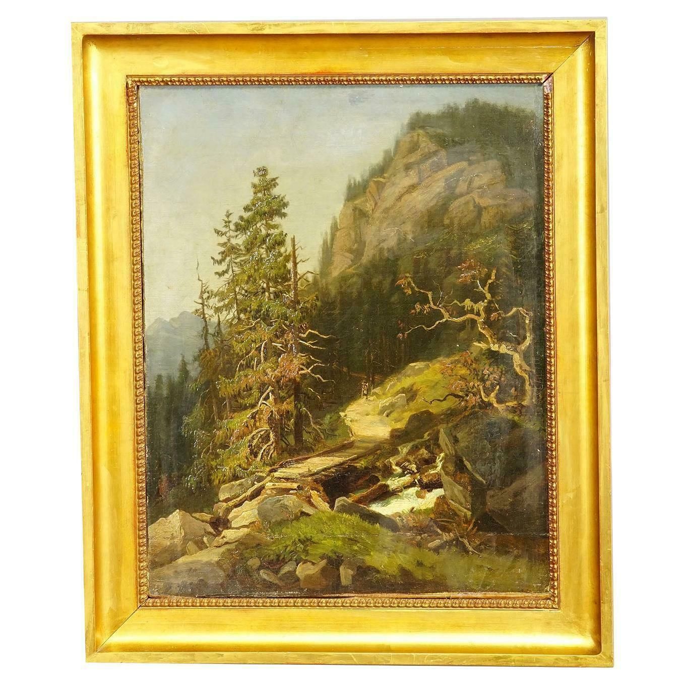 Summerly Mountain Landscape With Hiker On Hiking Trail, 19th Century