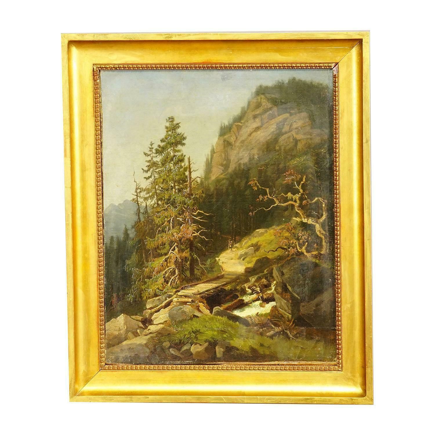 Summerly Mountain Landscape With Hiker On Hiking Trail, 19th Century photo furniture