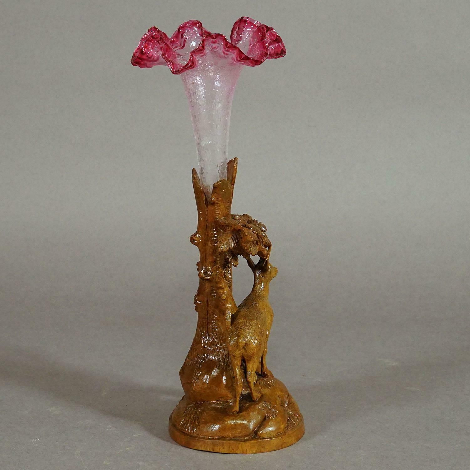 Finely Carved Wood Chamois With Glass Vase, Brienz, Circa 1900 photo Home Decor