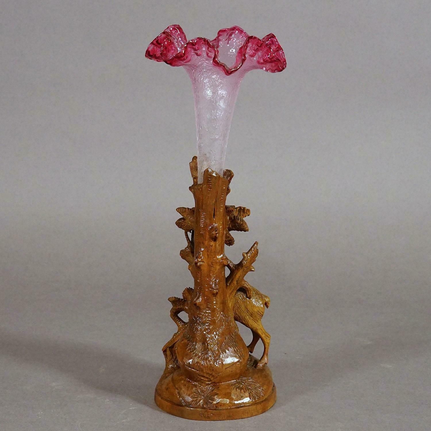 Finely Carved Wood Chamois With Glass Vase, Brienz, Circa 1900 photo vinterior