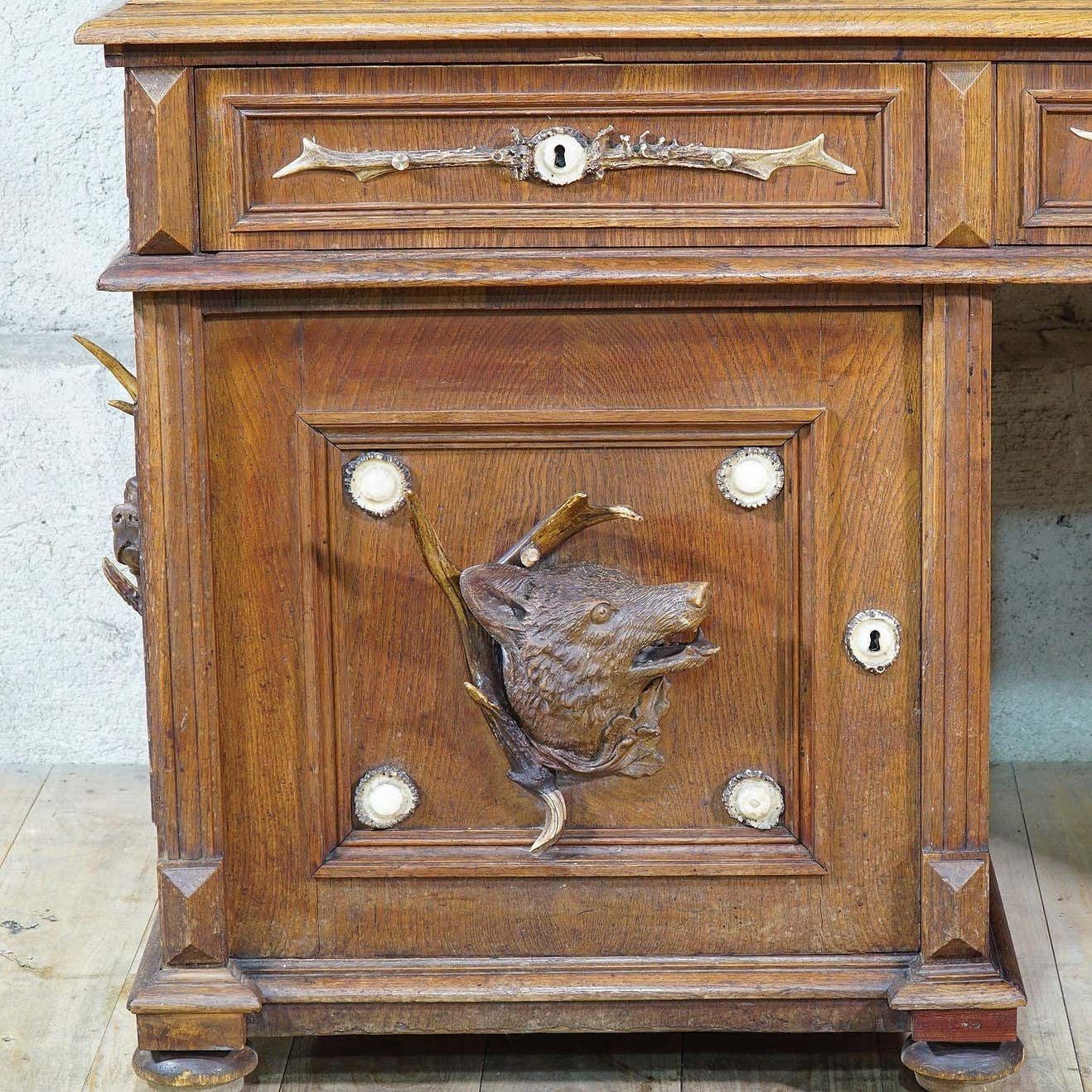 Large Oak Wood Desk With Antler Decorations By Rudolf Brix 1900 photo furniture