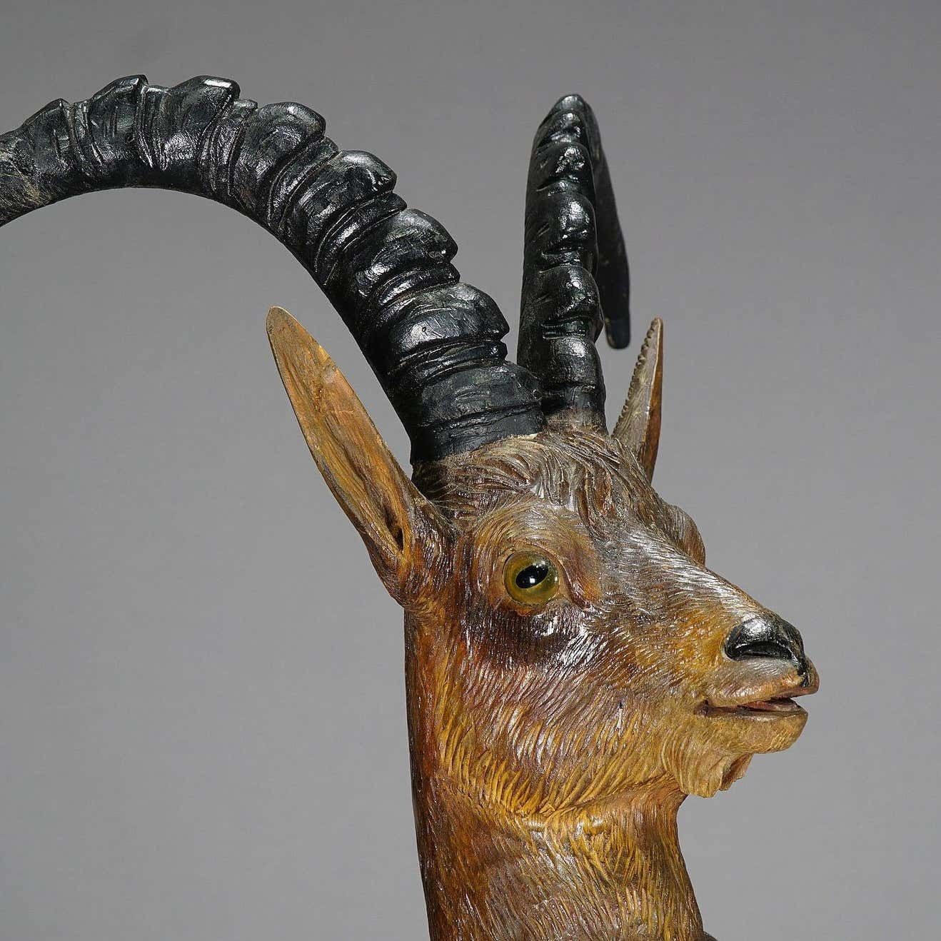 Large Black Forest Woodcarving Ibex Sculpture, Austria, Circa 1920 photo for sale