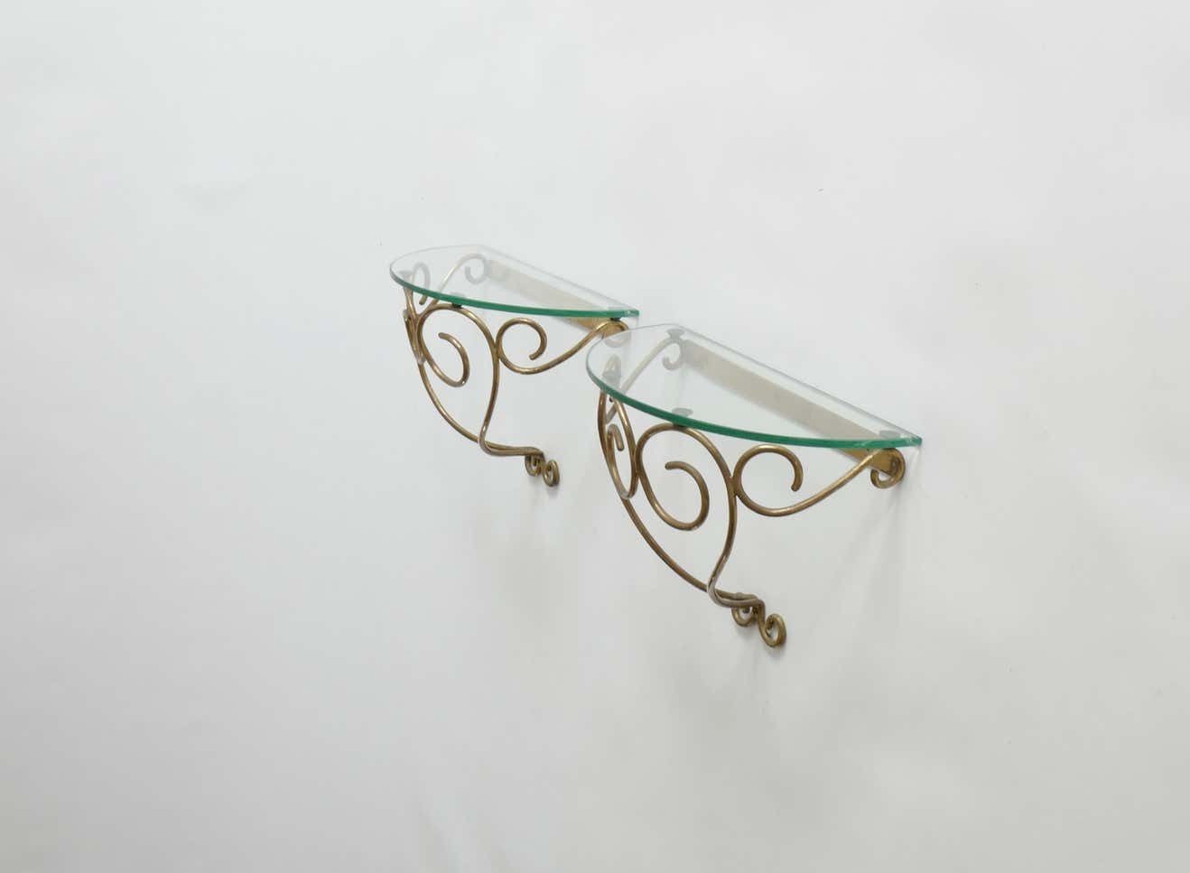 Wall Mounted Brass Nightstands Or Console With Demilune Glass Top, Italy, 1950s photo furniture