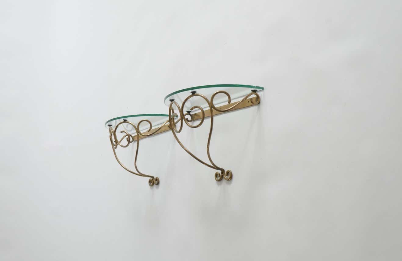 Wall Mounted Brass Nightstands Or Console With Demilune Glass Top, Italy, 1950s photo for sale