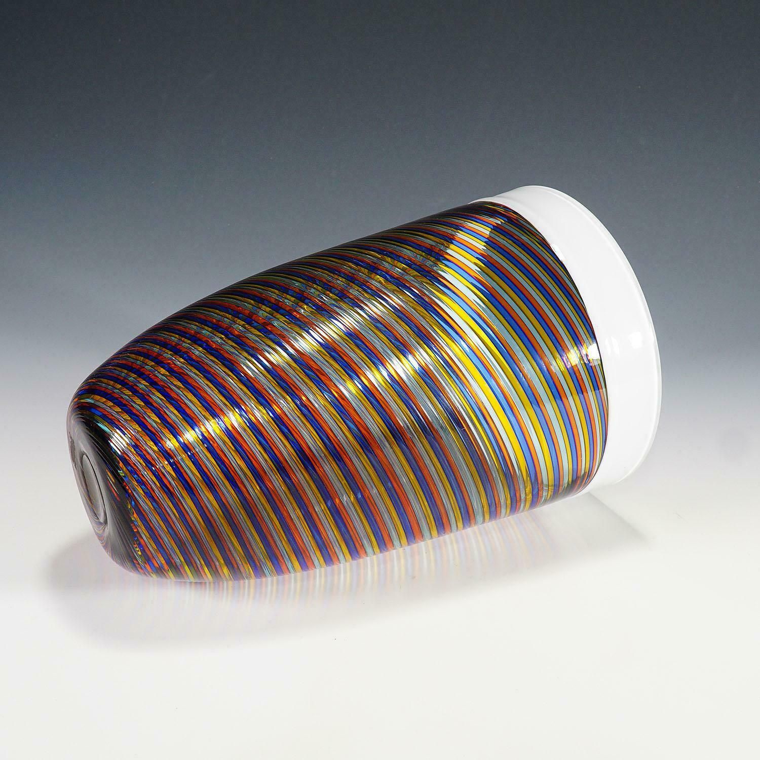 Large Cenedese Filigrana Art Glass Vase With Multicoloured Bands photo vinterior