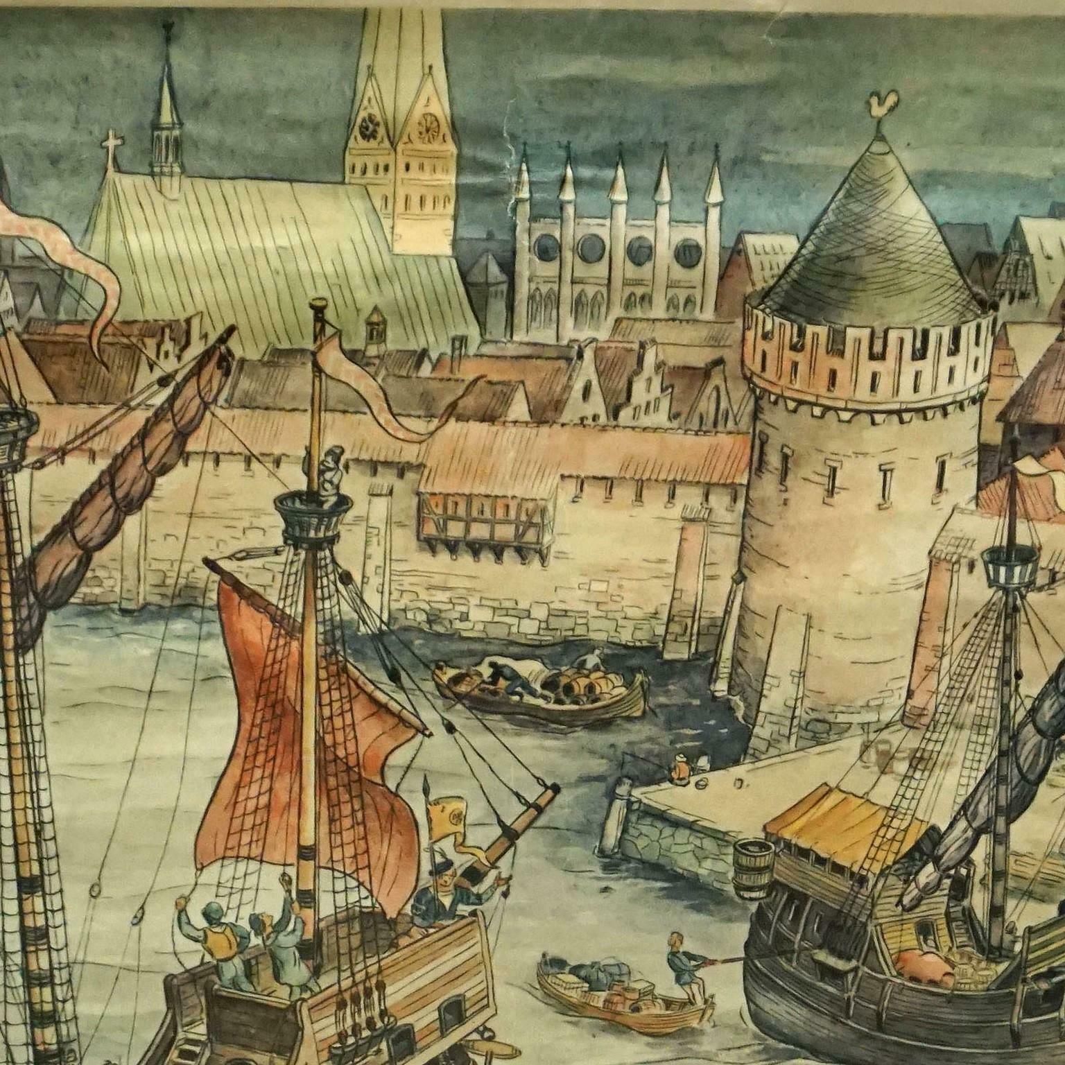 Harbour Of A Trade City Hanseatic Port Rollable Vintage Wallchart photo for sale