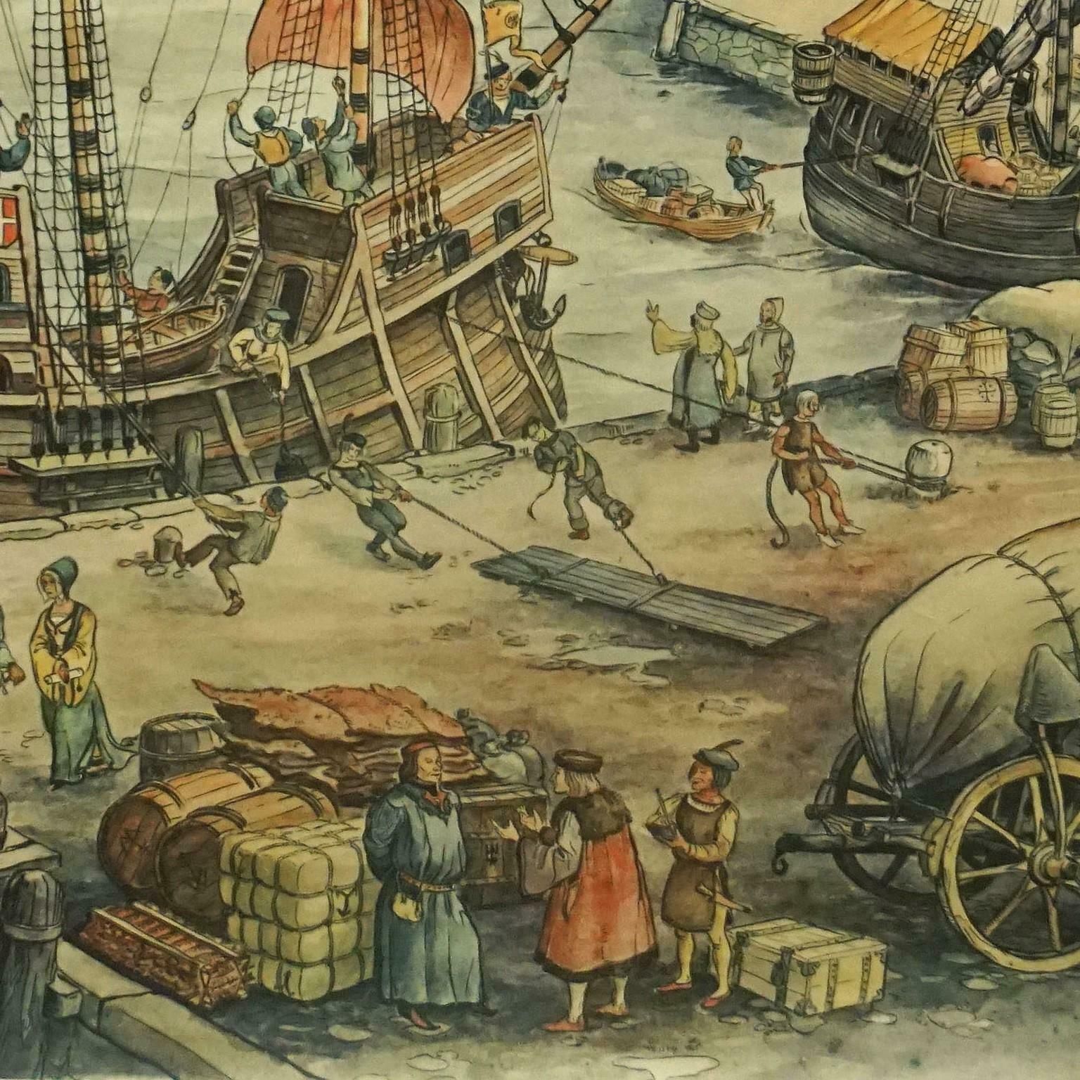 Harbour Of A Trade City Hanseatic Port Rollable Vintage Wallchart photo vinterior