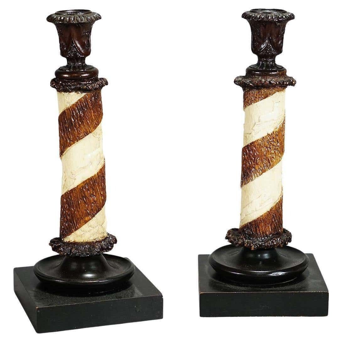 Pair Of Victorian Antler Candle Holders With Fine Carvings Germany Ca. 1880
