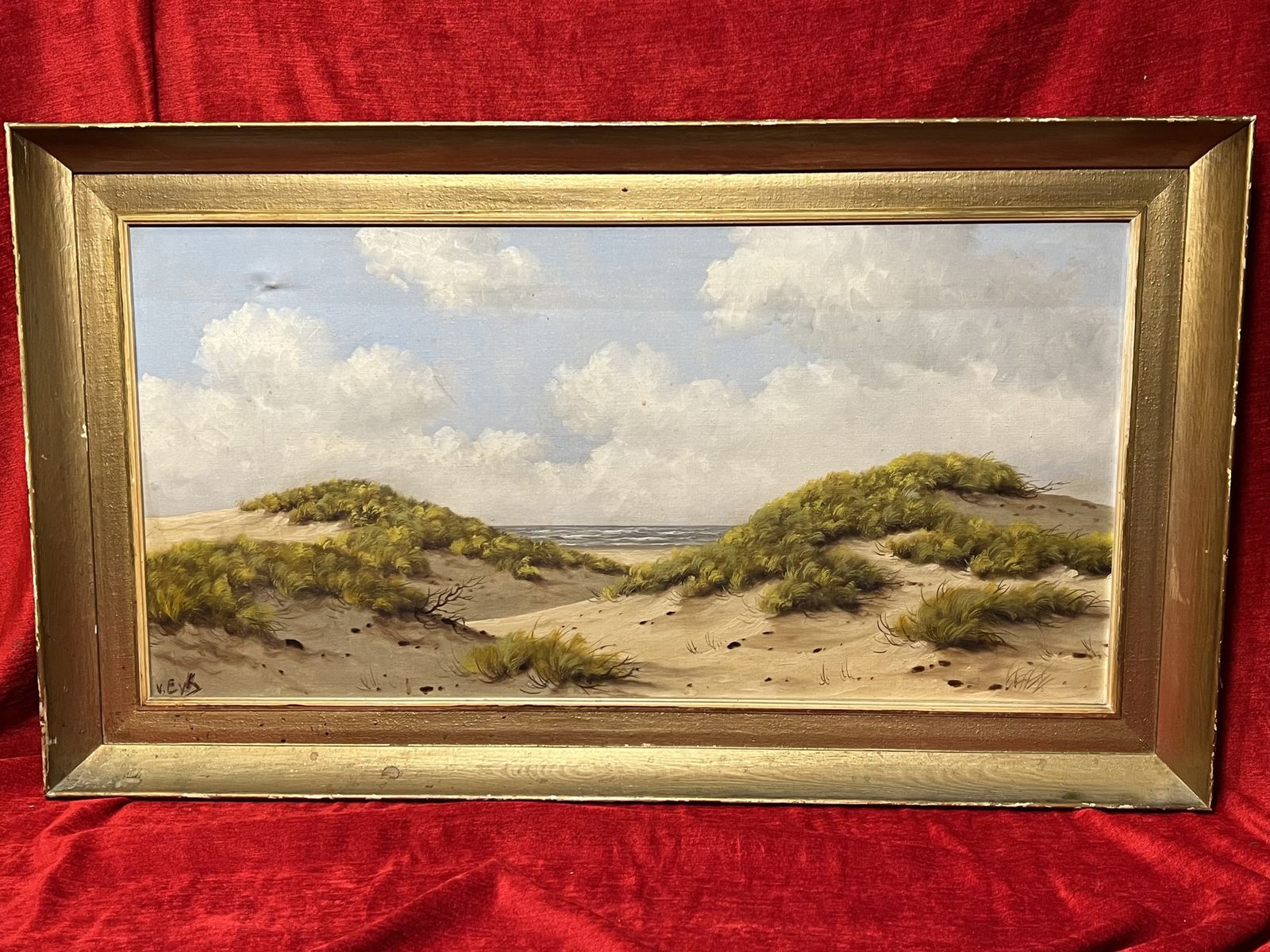 English School Sunlit Sand Dune Beach View Artwork Oil On Canvas Signed photo for sale