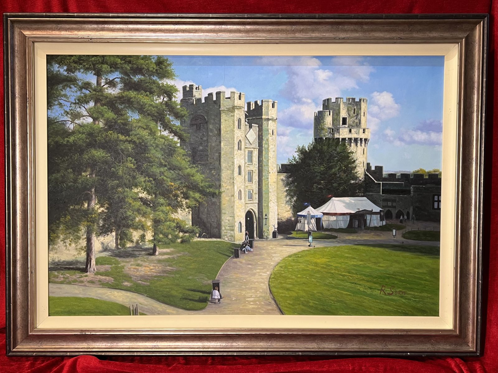 Antique English School Historic Warwick Castle England Oil Painting Signed R Soan