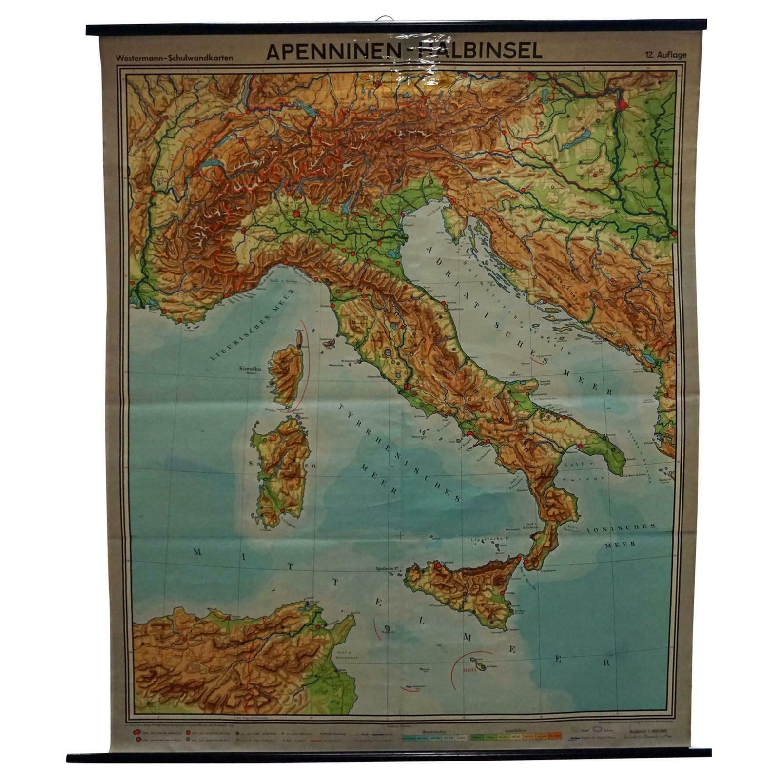 Vintage Pull Down Map The Italien Peninsula Italy Mediterrian Sea Region