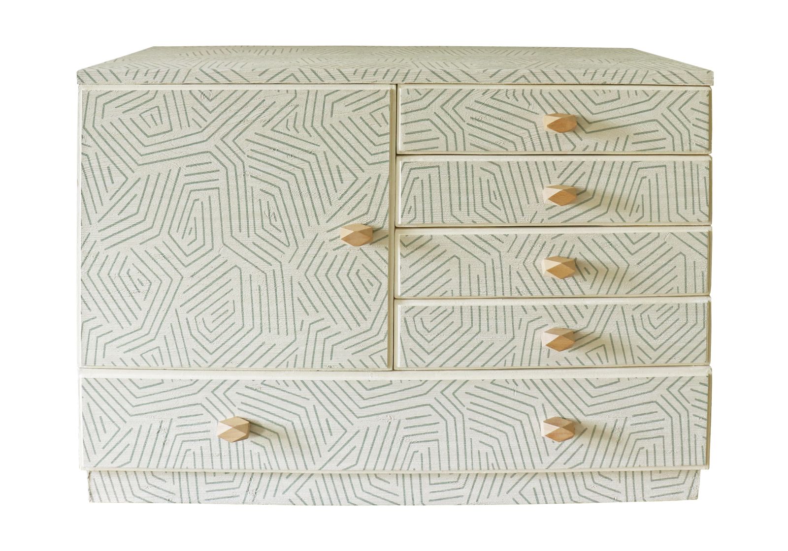 "Sahara Rhythm" Restyled Chest Of Drawers By Habitat Improver With Textured Wallpaper, Paint And Wood Knobs