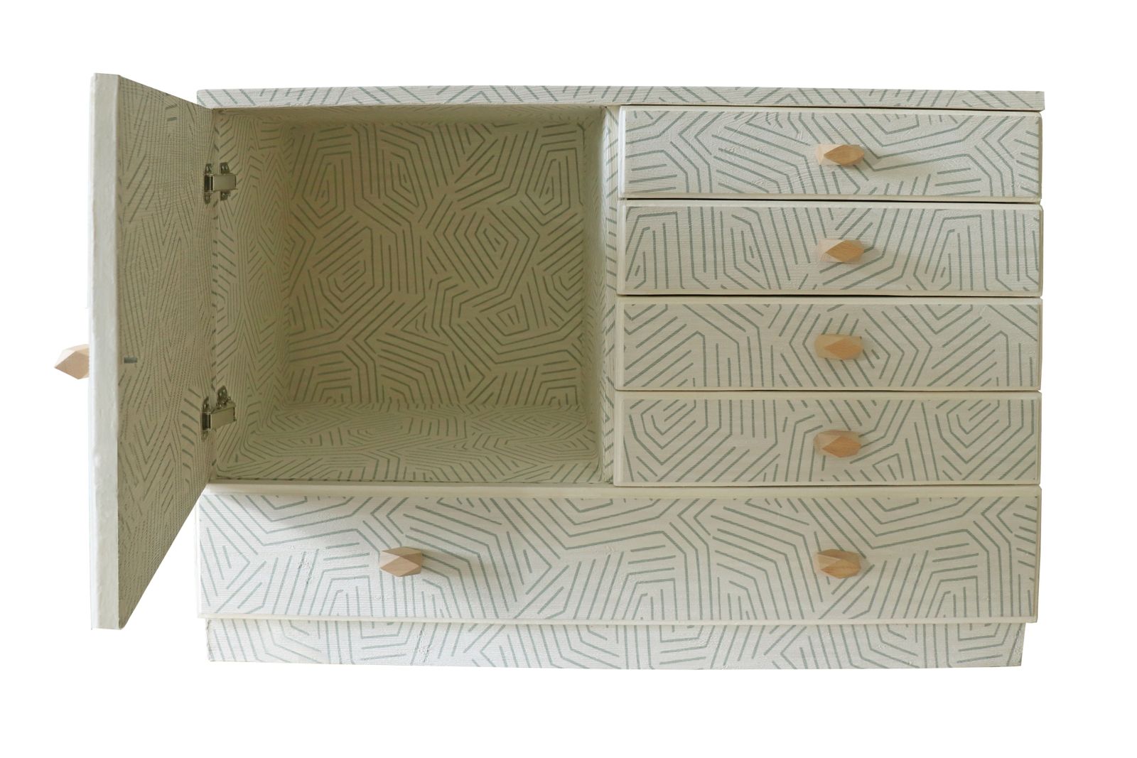 "Sahara Rhythm" Restyled Chest Of Drawers By Habitat Improver With Textured Wallpaper, Paint And Wood Knobs photo furniture