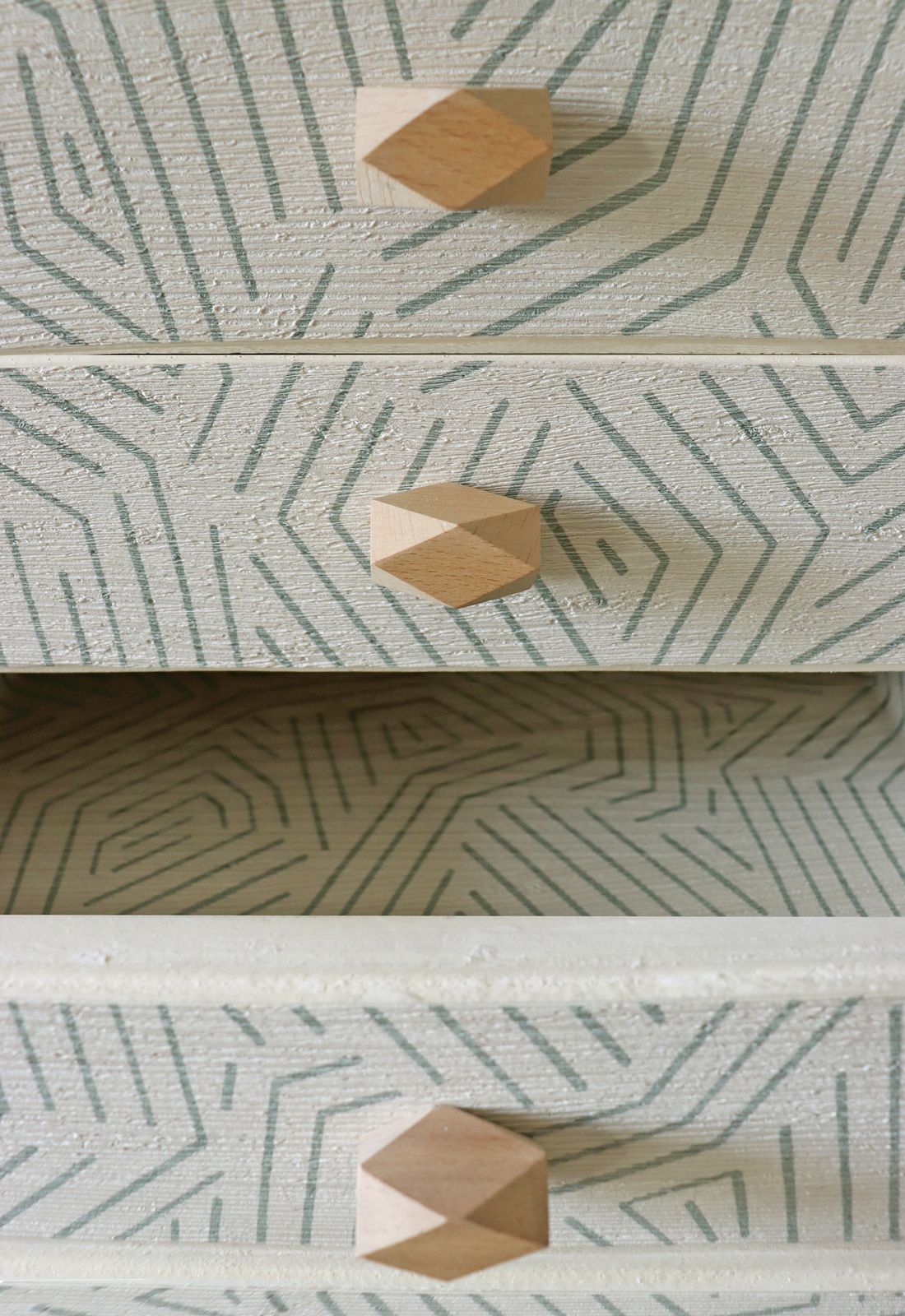 "Sahara Rhythm" Restyled Chest Of Drawers By Habitat Improver With Textured Wallpaper, Paint And Wood Knobs photo vintage