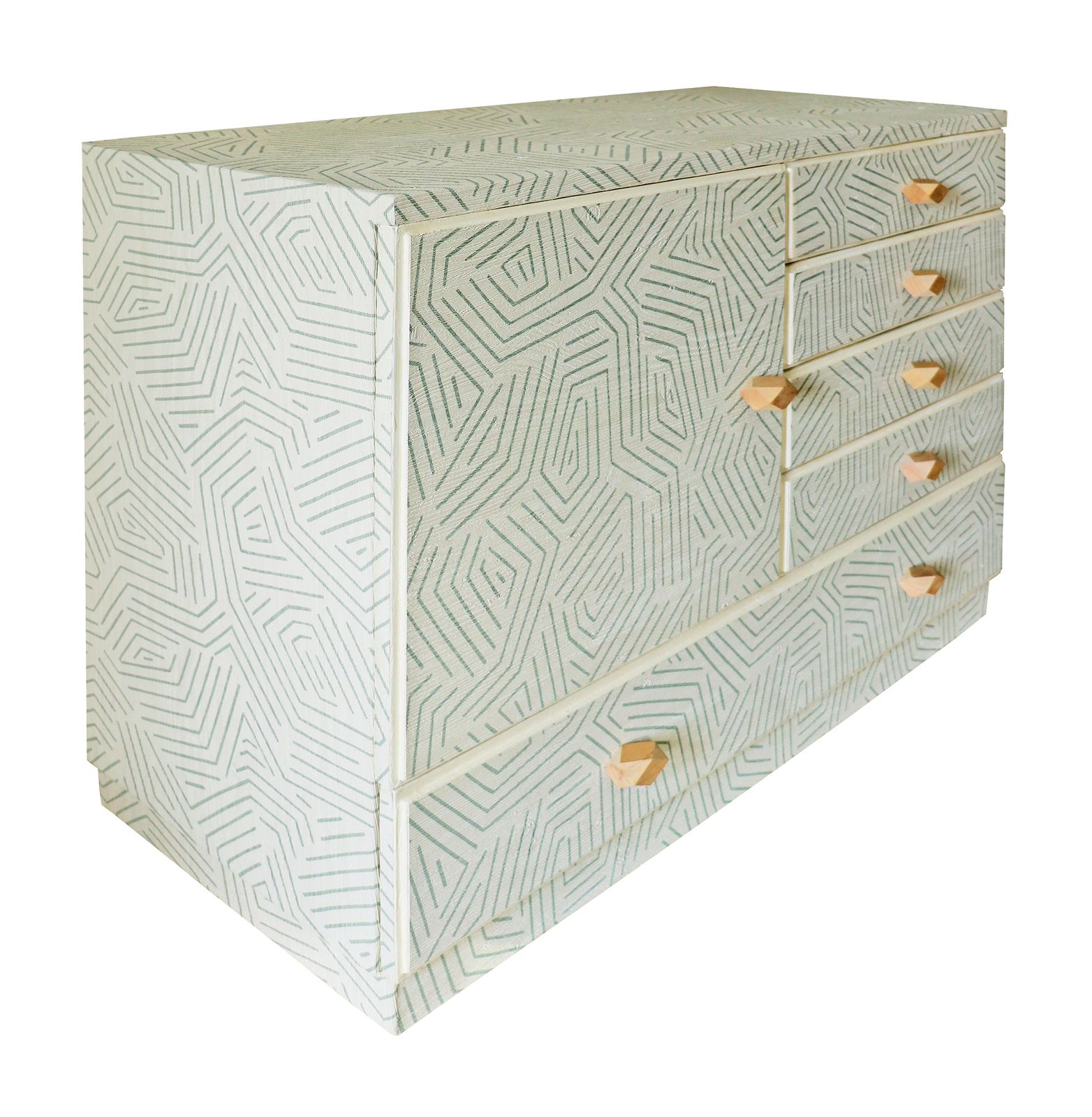 photo furniture "Sahara Rhythm" Restyled Chest Of Drawers By Habitat Improver With Textured Wallpaper, Paint And Wood Knobs