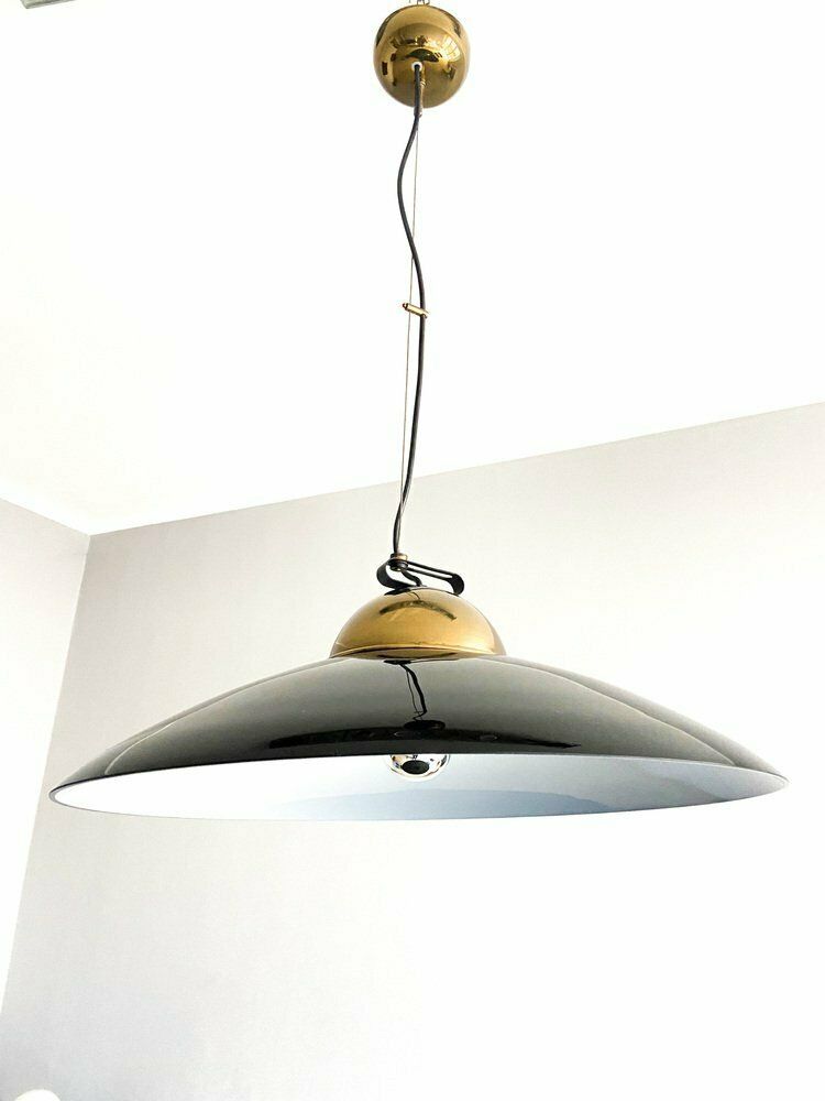 Suspension Lamp In Brass And Black Lacquered Metal, Italy, 70s photo furniture