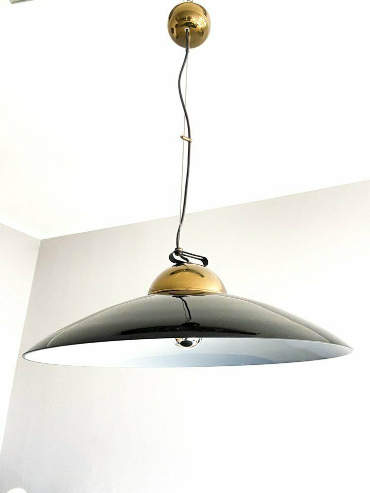 Lighting Suspension Lamp In Brass And Black Lacquered Metal, Italy, 70s photo
