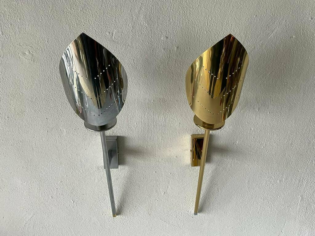 Leaf Shaped Gold And Chrome Pair Of Sconces By Baulmann Leuchten, 1980s, Germany photo for sale