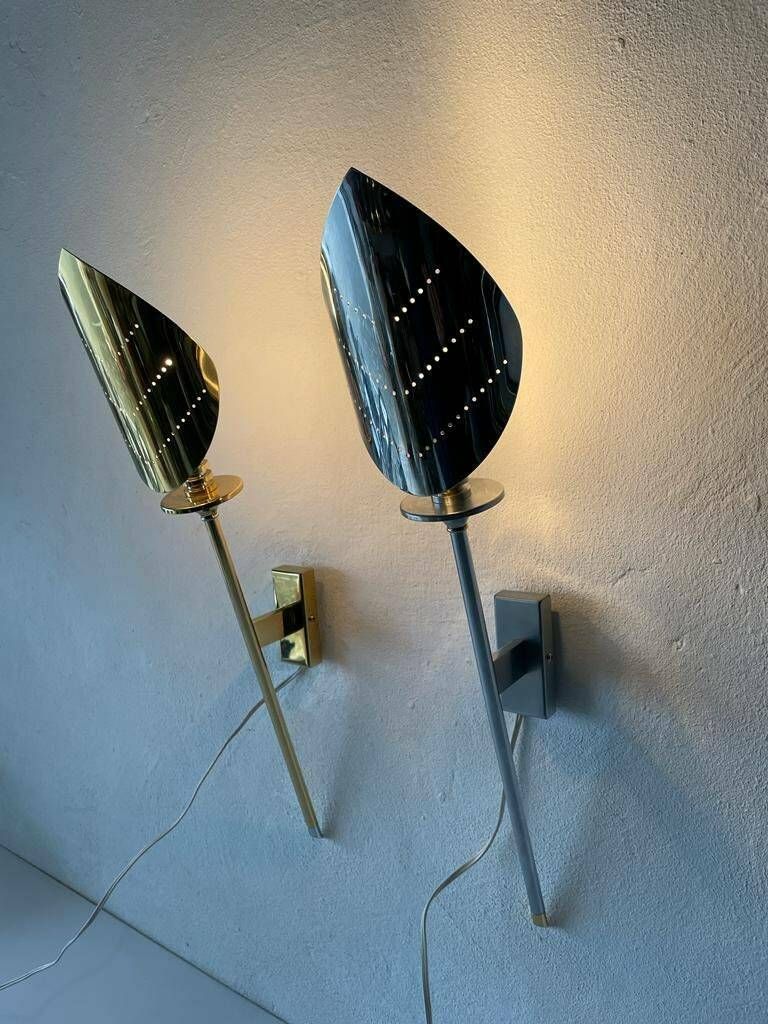 photo for sale Leaf Shaped Gold And Chrome Pair Of Sconces By Baulmann Leuchten, 1980s, Germany