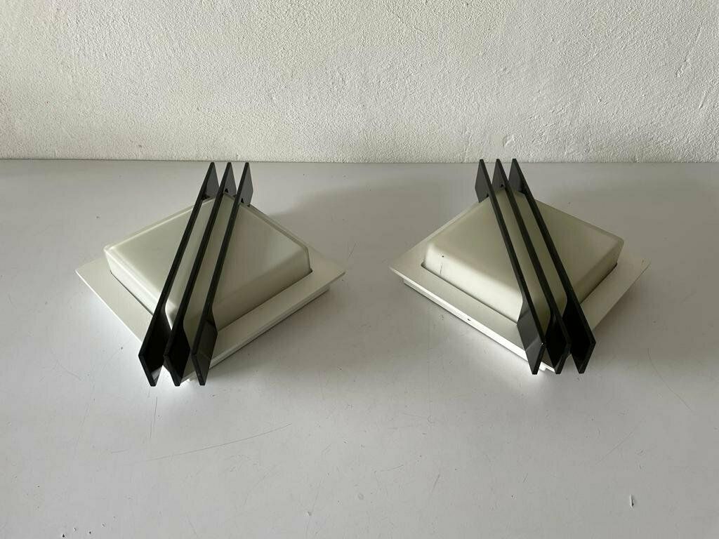 Rare Square Design Black Metal And Glass Pair Of Flush Mounts Or Sconces By Bega, 1960s, Germany photo for sale