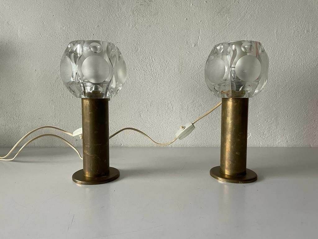 Gorgeous Heavy Glass And Antique Brass Body Pair Of Large Table Lamps By Peill Und Putzler, 1960s, Germany