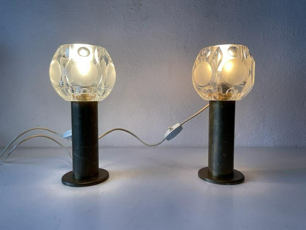 Gorgeous Heavy Glass And Antique Brass Body Pair Of Large Table Lamps By Peill Und Putzler, 1960s, Germany photo vinterior