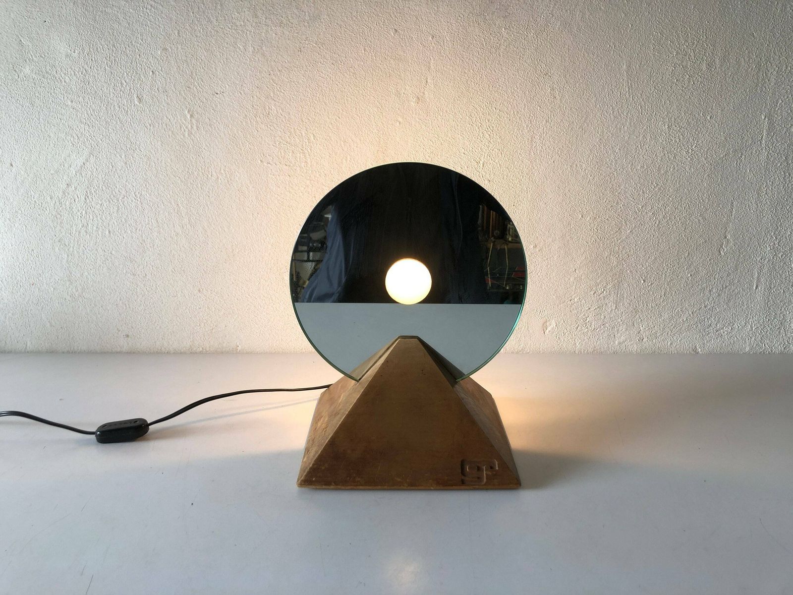 Exclusive Round Glass With Pyramid Wood Base Table Lamp By Gallotti E Radice, 1970s, Italy photo vintage