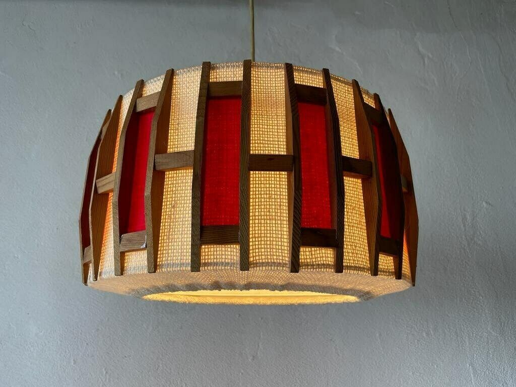 Beautiful Retro Red & Beige Fabric Shade   Wood Pendant Lamp, 1960s, Germany photo vinterior