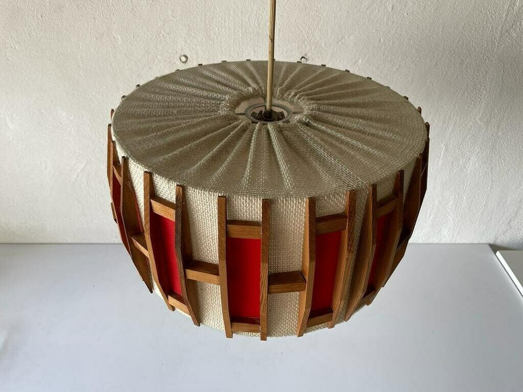 Beautiful Retro Red & Beige Fabric Shade   Wood Pendant Lamp, 1960s, Germany photo buy
