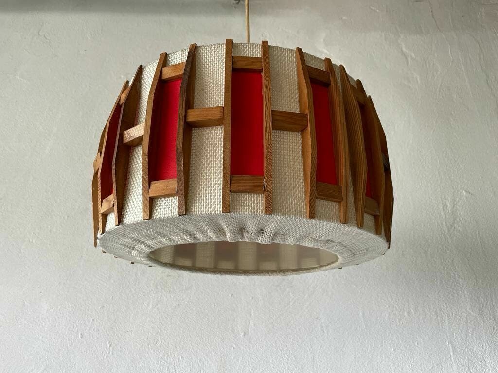 photo furniture Beautiful Retro Red & Beige Fabric Shade   Wood Pendant Lamp, 1960s, Germany