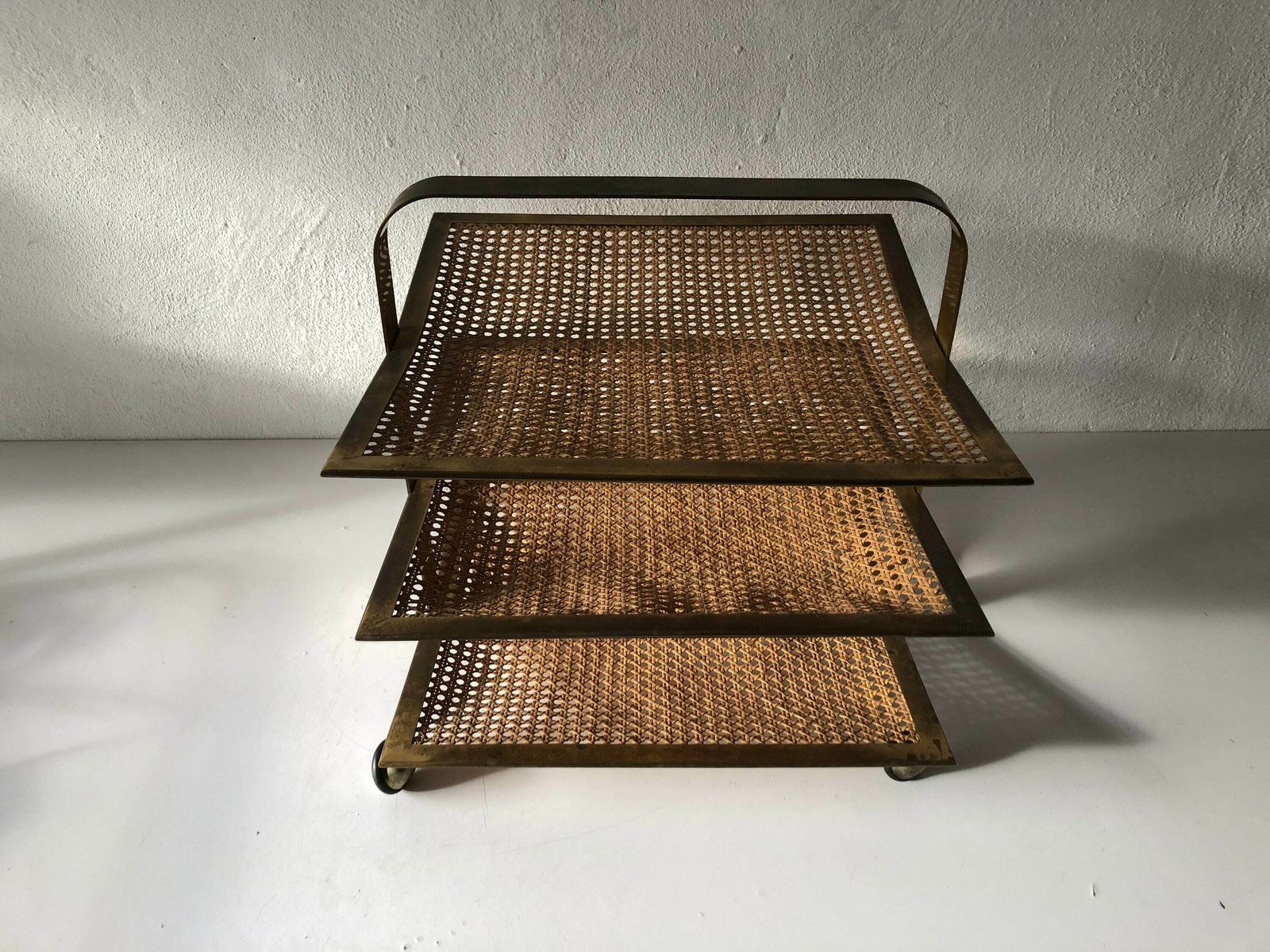 Mid Century Modern Wicker   Brass Wonderful Luxury Italian Magazine Rack With 3 Shelf, 1960s, Italy photo for sale