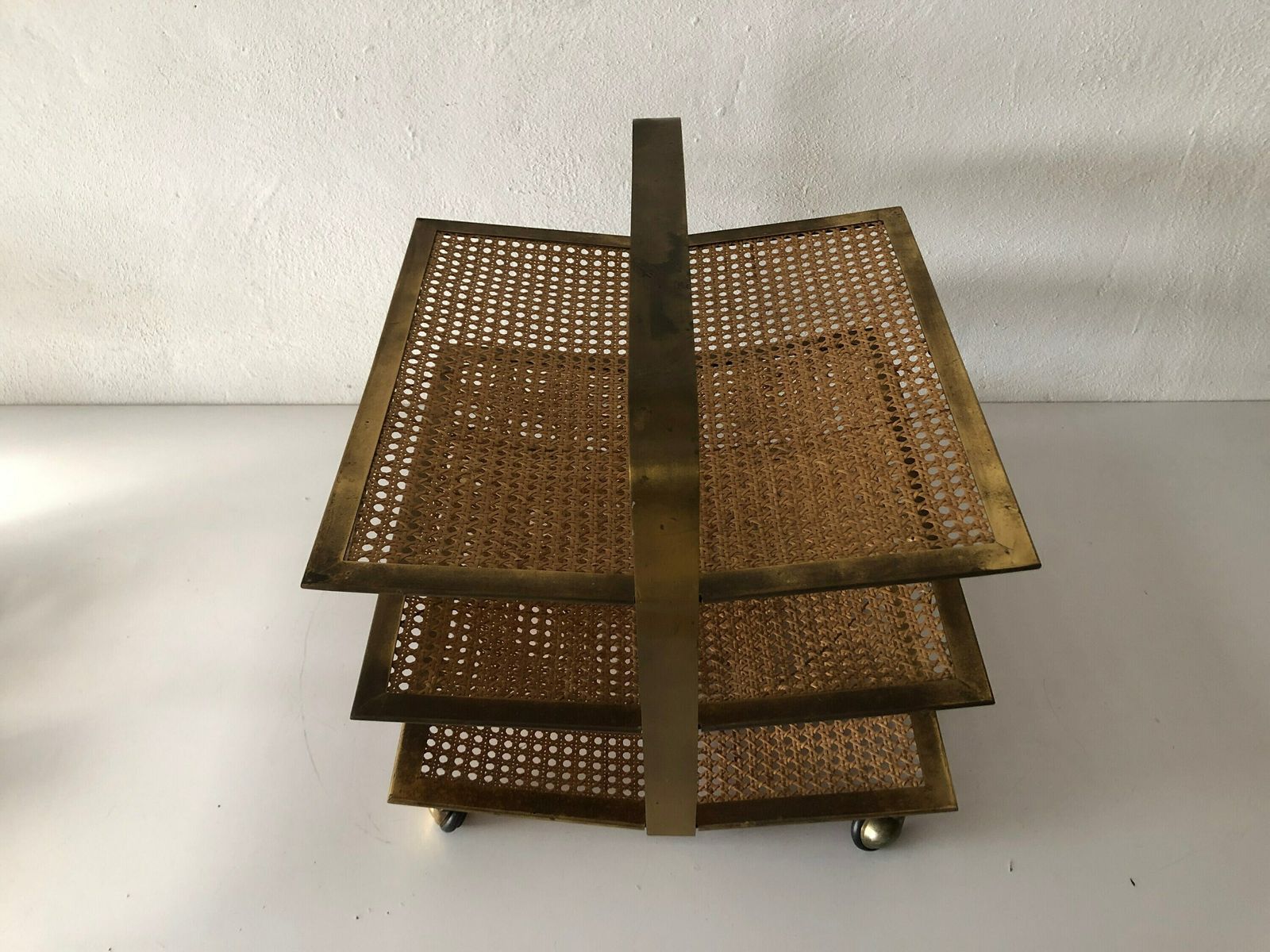 Mid Century Modern Wicker   Brass Wonderful Luxury Italian Magazine Rack With 3 Shelf, 1960s, Italy photo 2167.52