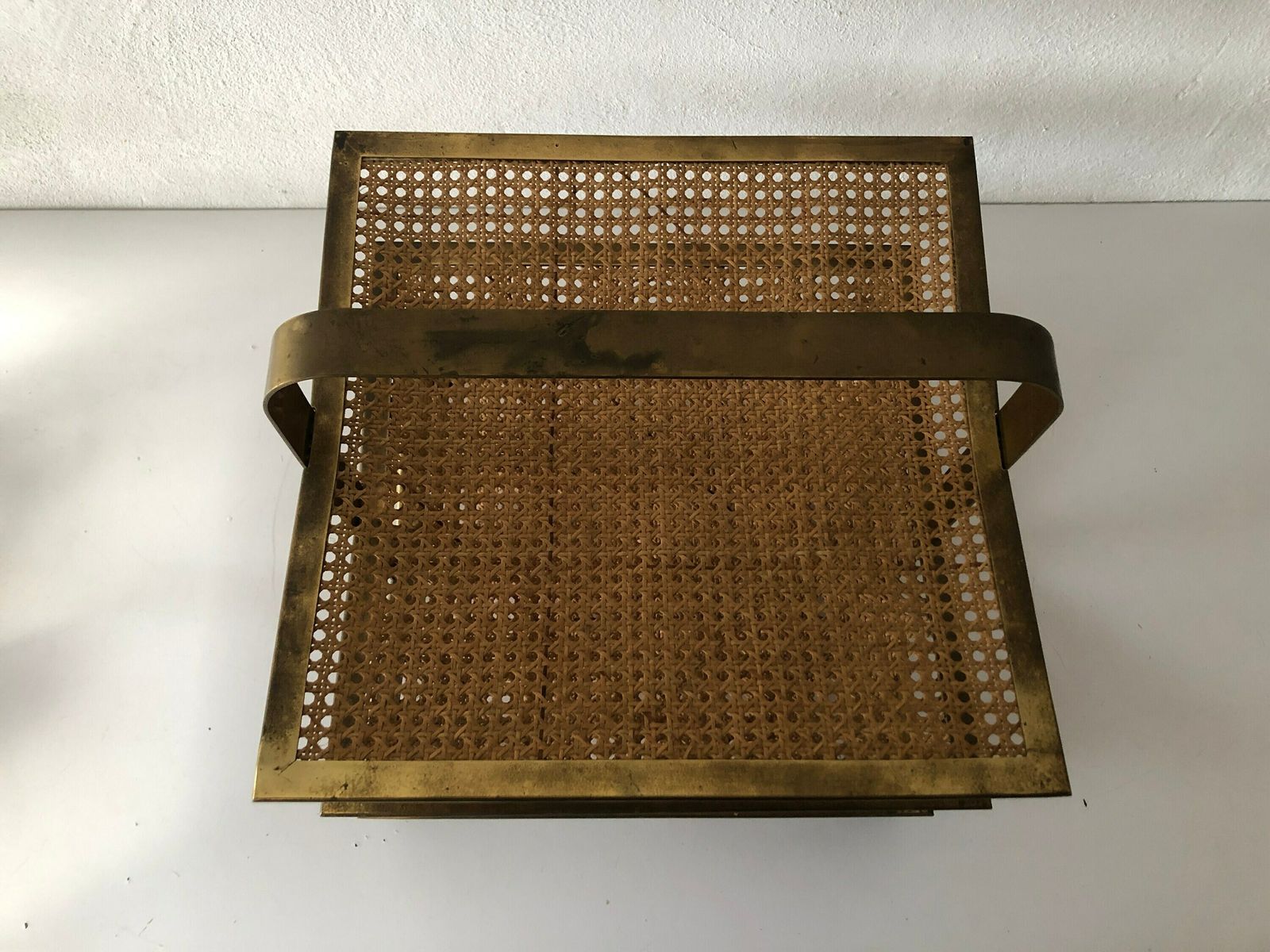 Mid Century Modern Wicker   Brass Wonderful Luxury Italian Magazine Rack With 3 Shelf, 1960s, Italy photo buy